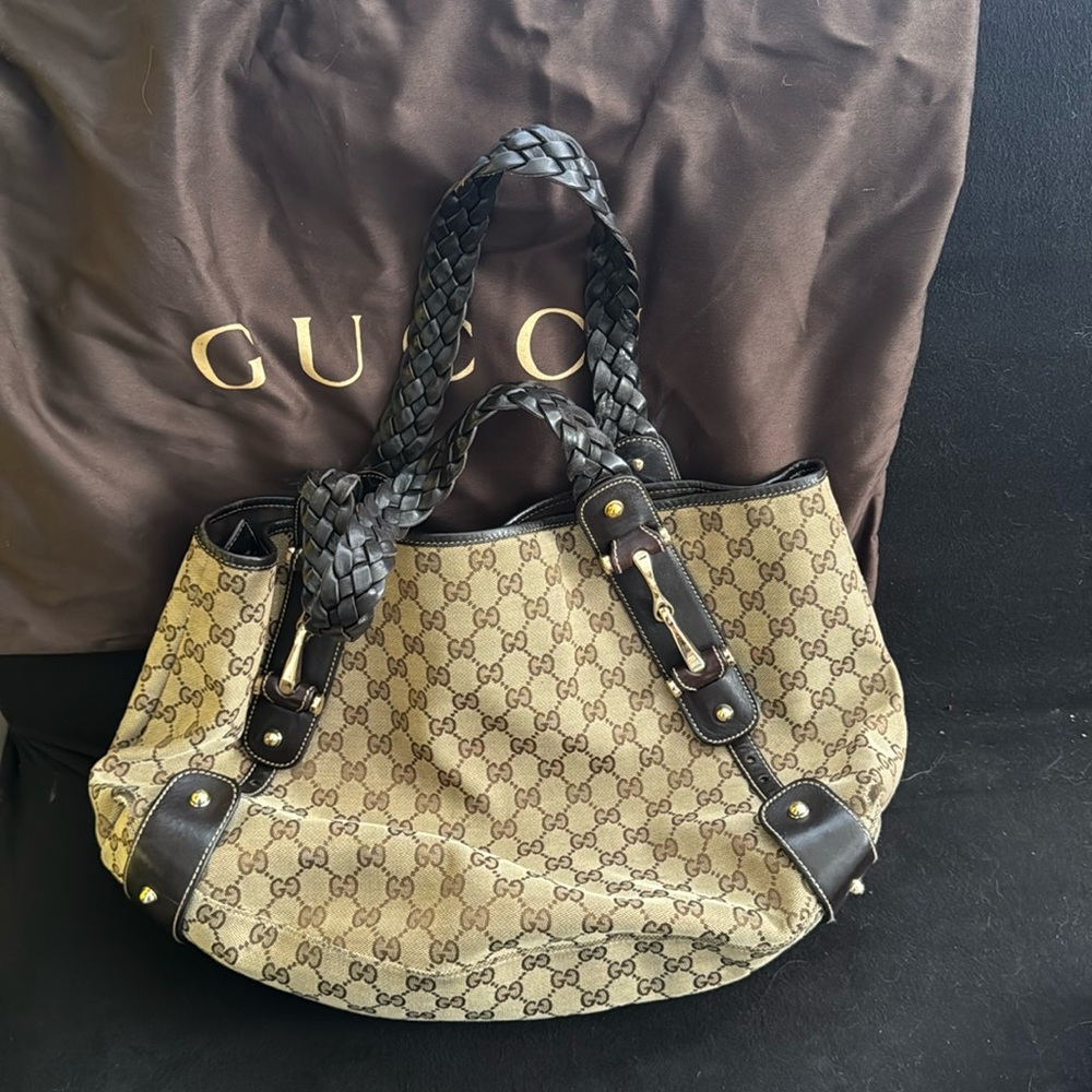GUCCI GG Canvas Horsebit Tote Bag Shoulder Leather GD  Dark 137621 2019